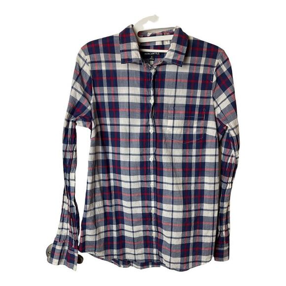 J. Crew Mercantile Navy Red Plaid Lightweight Button Up Shirt Women's Size S - Picture 1 of 4